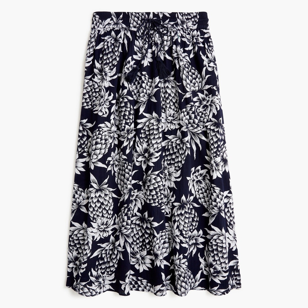 J.Crew Pineapple Print Midi Skirt Cotton Tropical Navy White Large Women boho